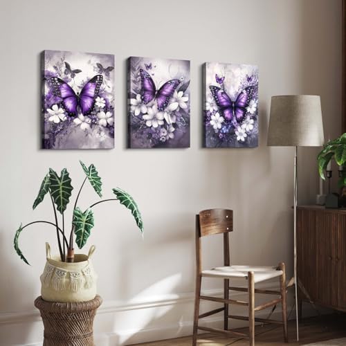 Purple Butterfly Wall Art Bathroom Decor Abstract White Flowers Pictures Purple Bedroom Decor Butterfly Canvas Prints Paintings Wildflower Landscape Artwork for Living Room Home Decoration 12x16" 3Pcs