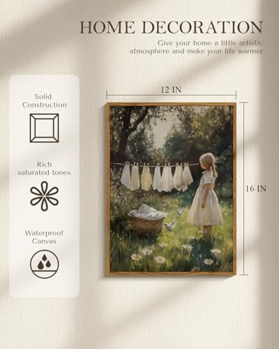 WHASAYART Vintage Framed Canvas Wall Art Girl Clothesline Painting 12x16 | Rustic Farmhouse Summer Fall Nature Landscape Artwork Bird Flower Basket Print for Bedroom Nursery Laundry Room Cottage Decor