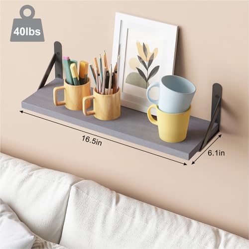 YGEOMER 16.5in Floating Shelves for Wall Home Decor, Wood, Grey, Set of 6