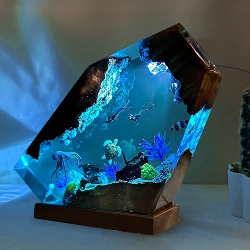 Handcrafted Octopus Resin Lamp, RGB Ocean Lamp with Wooden Base