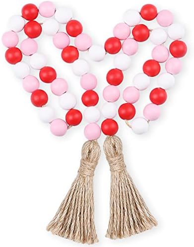 Valentine's Day Wood Bead Garland with Tassel,Rustic Wooden Bead Decor Farmhouse Beads Big Wall Hanging Decor (Pink,39In)