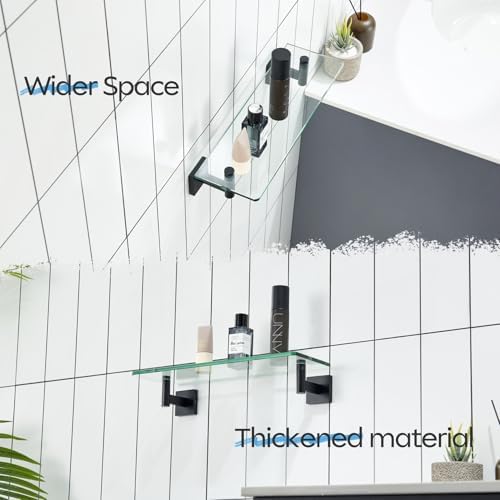 KOKOSIRI Bathroom Shelves Glass Floating Shelf 16-Inch for Bedroom Living Room Kitchen Hanging Rack Rustproof Wall Mounted Black 2 Pack B1105BK-L16-P2