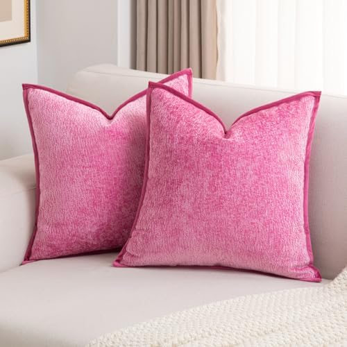 FUTEI Pack of 2 Chenille Soft Throw Pillow Covers 24x24 Inch, Hot Pink