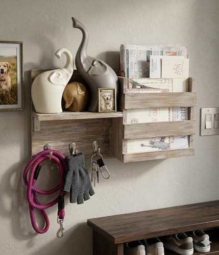 Rustic Wall Key Holder & Mail Sorter with 3 Hooks & Shelf
