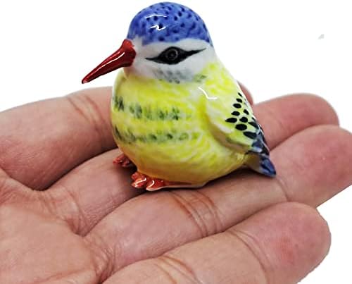 WitnyStore Tiny 1½" Yellow Blue Red Sitting Kingfisher Bird Figurine - Miniature Hand Made Painted Ceramic Birds Aves Colorful Porcelain Feathered Animal Cute Decorative Collectible Figure Décor Gifts