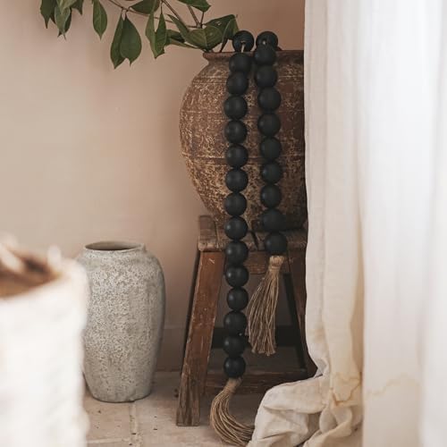 Extra Large Wood Bead Garland with 1.4" Diameter Wood Beads, Wooden Beads Garland with Tassels, Decorative Beads Home Decor, Farmhouse Beads Decor (Black, 67 Inches)