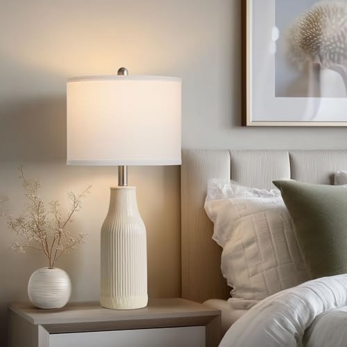 24.5" Ceramic Table Lamps Set of 2, Modern Farmhouse Bedside Lamps for Bedroom Nightstand, Small Table Lamp for Living Room End Table, Beige (2 LED Bulbs Included)