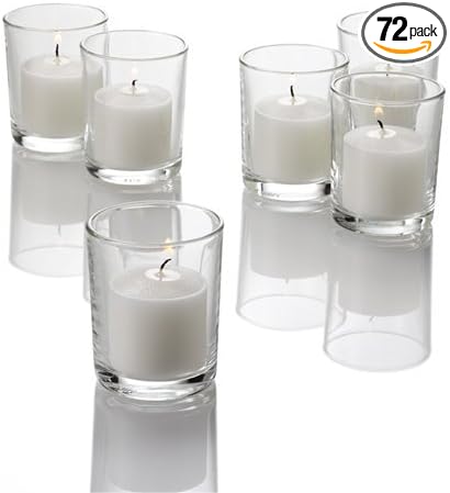 Set of 72 Richland Votive Candles White Unscented and 72 Clear Glass Eastland Votive Holders