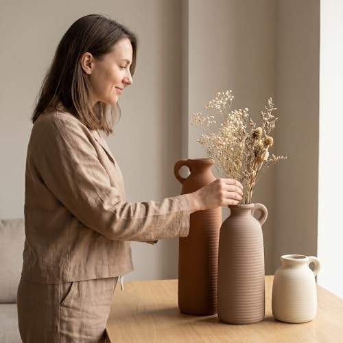 Set of 3 Matte Ceramic Vases with Handles, Textured Vases in Different Heights, Boho Farmhouse Decor for Dried Pampas Grass & Flowers, Modern Nordic Style Centerpiece