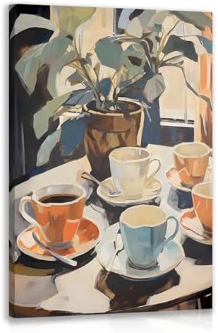 Cyebmo Framed Retro Coffee Wall Art, Coffee Cup Plant Wall Decor, Watercolor Cafe Canvas Painting, Minimalist Vintage Travel Food Poster Print for Home Office Cafe Bar Living Room 12x16 Inch