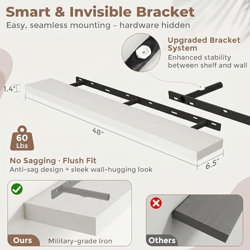 FLYJOE 48 Inch Floating Shelves for Wall Set of 2, 6.5" D Wood Grain Bathroom Shelves with Invisible Brackets, Easy Install Engineered Wood Storage Shelves for Kitchen, Living Room, Bedroom