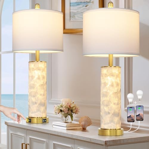 29" Coastal Seashell Table Lamp for Living Room Set of 2, Bedroom, Bedside Nightstand Lamp with Night Light, Seashell Lamp with USB A+C Ports Cottage Beach House Accent Lamp, LED Bulb Included(Gold)