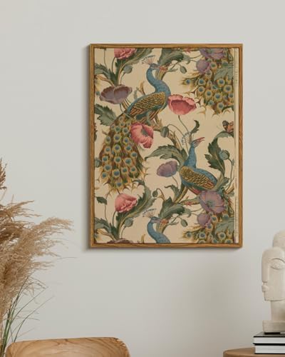 WHASAYART Vintage Peacock Floral Wall Art Framed Canvas Wall Decor 12x16in | Classic Retro Flowers Botanical Bird Painting Print, Boho Nature-Inspired Decor, Abstract Animal Artwork for Bedroom Bathroom