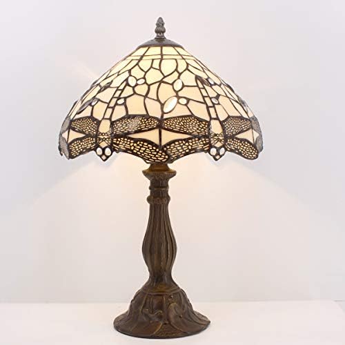 WERFACTORY Tiffany Lamp Cream Stained Glass Dragonfly Bedside Table Lamp
