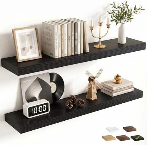 FLYJOE 32 Inch Floating Shelves for Wall Set of 2, 6.5" D Wood Grain Bathroom Shelves with Invisible Brackets, Easy Install Engineered Wood Storage Shelves for Kitchen, Living Room, Bedroom
