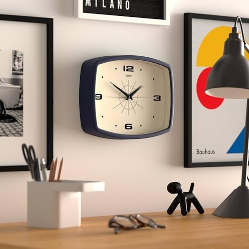 JONES CLOCKS® Movie wall Clock | Rectangular Retro Clock | 10" | Blue | Cool mid-Century Designer Look for Kitchen, Living Room or Office