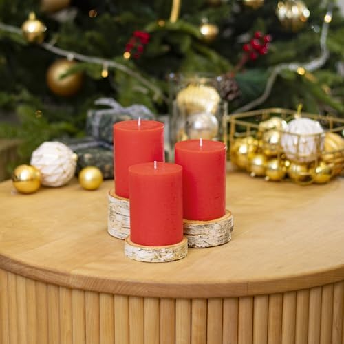 CANDWAX Assorted 3x3, 3x4, 3x8 Inch Red Pillar Candles Set of 3 - Smokeless Dripless Red Pillars - Perfect for Home Decor, Dinner Table Centerpieces, Party Decorations - Unscented Candles