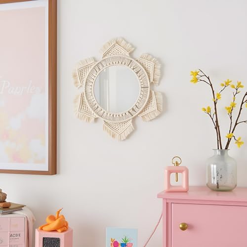 Mkono Boho Wall Mirror Decor Round Macrame Hanging Wall Art Decoration for Bedroom Nursery Living Room Apartment Office Entryways Home, Teen Girl Mothers Gift, Ivory