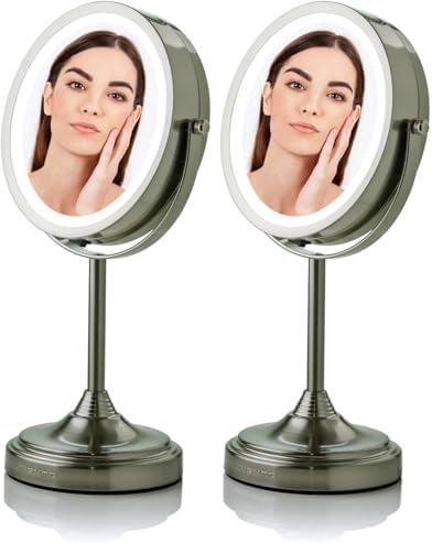 OVENTE 7'' Lighted Tabletop Makeup Mirror, 1X & 7X Magnifier, Spinning Double Sided Round LED, Great for Vanity, Bath, & Bedroom, Battery Powered, Nickel Brushed MCT70BR1X7X (Pack of 2)