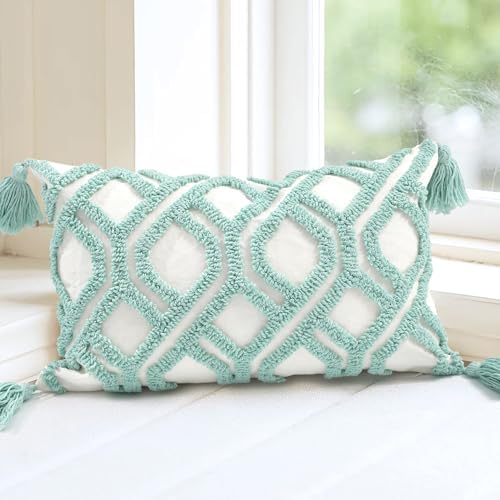 Lumbar Boho Pillow Covers 12x20 Tufted for Couch,Aqua Teal