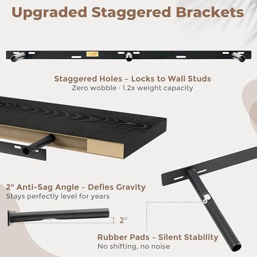 FLYJOE 48 Inch Floating Shelves for Wall Set of 2, 6.5" D Wood Grain Bathroom Shelves with Invisible Brackets, Easy Install Engineered Wood Storage Shelves for Kitchen, Living Room, Bedroom