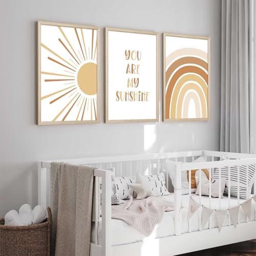 Baccone Boho Nursery Wall Art Baby Girl Wall Decor Kids Rainbow Canvas Wall Art You Are My Sunshine Pictures Toddler Sun Prints Nursery Artwork for Room Bedroom Set of 3 12x16 Inch Unframed