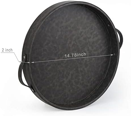 HofferRuffer Top Nocth PU Leather Round Serving Tray, Decorative Serving Tray with Handles, Coffee Tray, Ottoman Tray for Home Or Office, Diameter 14.6-inch (Dark Grey)