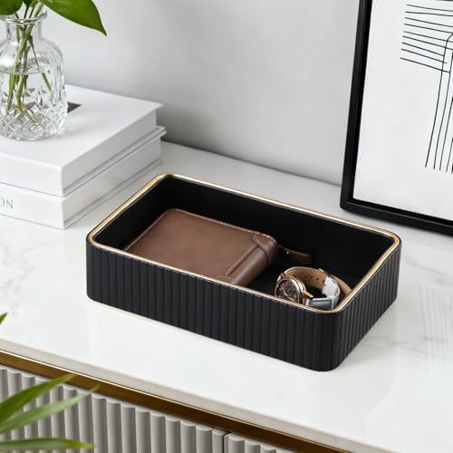 Desk Organizer Tray, PU Leather Nightstand Organizer, Black, Small