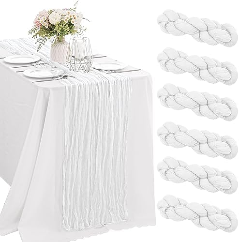 6 Pieces White 10FT Cheesecloth Table Runner Boho Gauze Fabric Table Runner Rustic Sheer Runner for Wedding Birthday Baby Shower Party Boho Table Decoration（White）