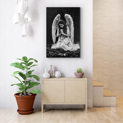 YONICA White Angel Wings Canvas Wall Art Modern Black and White Pictures Praying Woman Wall Art Dark Abstract Angel Painting Aesthetic Woman Artwork 24"x36"(60x90cm)