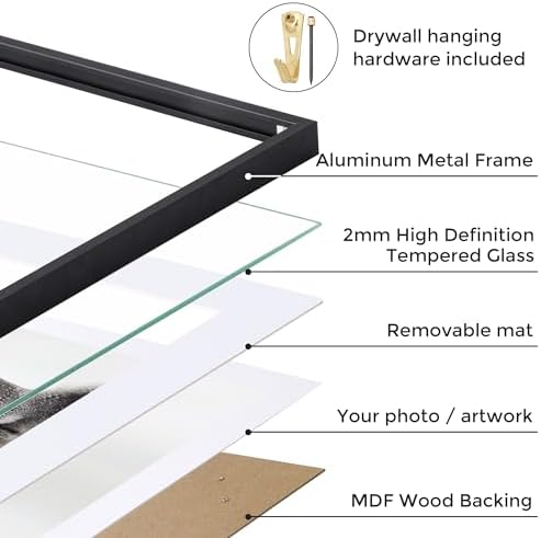 20x24 Metal Picture Frame with 16x20 Mat, Brushed Aluminum Finish, Tempered Glass Front, and Attached Hanging Hardware - Versatile Wall Display Frames for Vertical or Horizontal Orientation(Black,