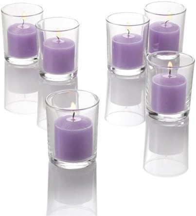 Set of 12 Lavender Scented Richland Votive Candles and 12 Clear Glass Eastland Votive Holders