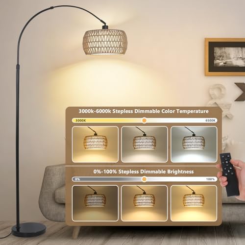 Arc Floor Lamps for Living Room with 3 Color Temperatures, Black Standing Lamp with Remote & Dimmable LED Bulb, Rattan Boho Floor Lamp, Farmhouse Tall Lamp for Bedroom, Over Couch Arched Reading Light