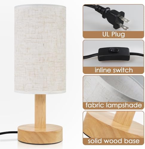 Small Bedside Table Lamp for Bedroom,Natural Round Wood Base&Fabric Linen Shade,Cozy Night Table Light for Study Reading,Minimalist Boho Desk Lamp for Nightstand,Living Room,Nursery,Kitchen,Dorm