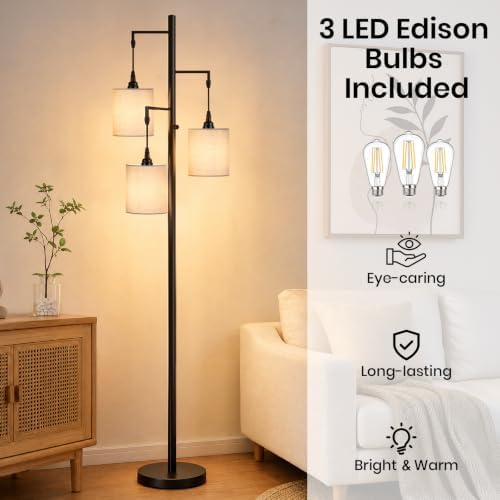 Sucolite 70’’ Tall Floor Lamp for Living Room, 3-Light Black Standing Lamp