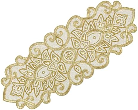 COTTON CRAFT Handmade Beaded Table Runner - 13x36 inches - Ivory & Gold