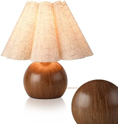 Farmhouse Cute Small Table Lamp, Wood Grain Vintage Table Lamps for Bedroom Nightstand, Cute Mini Bedside Small Table Lamps for Small Spaces with Scalloped Shade for Kitchen Counter, Bookshelf