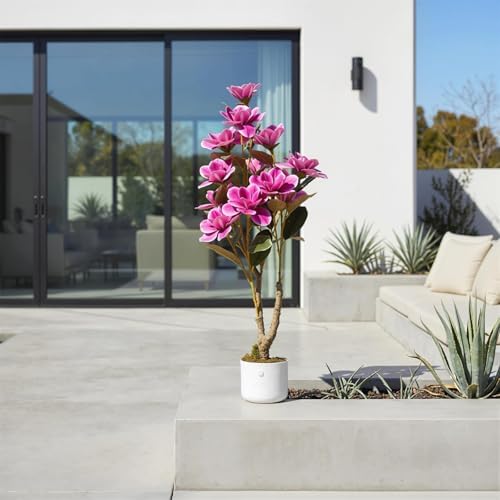 37" Artificial Magnolia Tree in White Planter, 2 Pack Realistic Magnolia Grandiflora with 12 Lifelike Flowers, 3.1FT Fake Potted Plant for Home Office Decor Indoor Outdoor