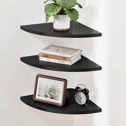 Venusmiles Corner Shelf Wall Mount, Engineered Wood Floating Corner Shelves with Cable Hole, Wall Mounted Storage Display for Bathroom, Bedroom, Living Room, Kitchen (12 Inch, Black, 3 Pack)