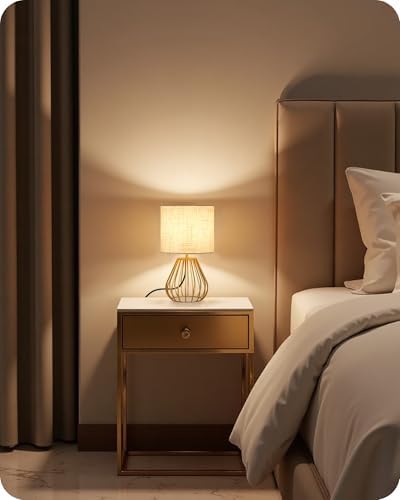 Gold Table Lamps Set of 2, Small Bedside Lamps Set of 2, 2700K LED Bulb Included, Gold Metal Base & Beige Linen Lampshade, Modern Nightstand Lamps for Bedroom, Living Room DE06TLP205