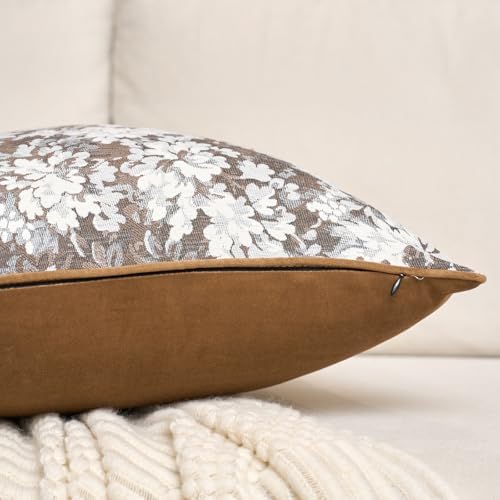 Alerfa Brown Neutral Floral Pillow Cover 20 x 20 Inch, Vintage Chenille Square Couch Pillow Cover Soft Decorative Farmhouse Accent Pillowcase for Living Room Bedroom