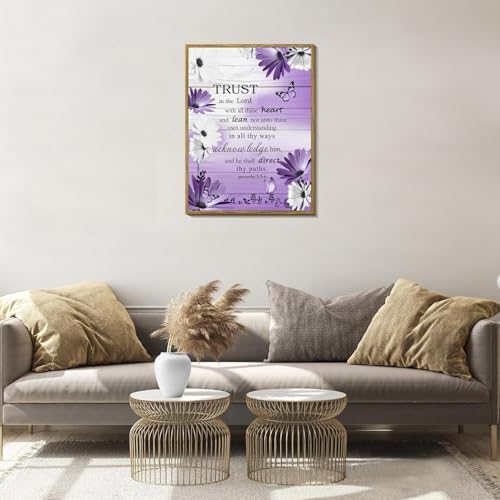 LB Purple Floral Wall Art for Bathroom Bible Verse on Vintage Grey Wood Framed Canvas Wall Art Wall Paintings Home Decor Daisy Wall Pictures for Living Room Bedroom Office Ready To Hang,12x17 Inch