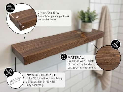 Joel’s Antiques 30 inch Floating Shelf 2 inch Thick Solid Wood Floating Shelves for wall, 6 inch deep Heavy Duty Rustic Floating Shelf, Medium Brown Farmhouse wall Shelf Hidden Bracket Medium Brown
