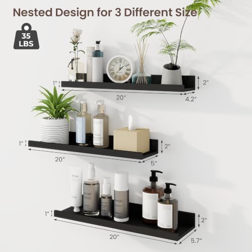 Axeman 20 Inch Floating Shelves, Black Picture Ledge Shelf Set of 3