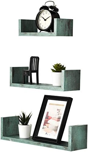 Greenco Set of 3 Floating “U” Shelves, Easy-to-Assemble Floating Wall Mount Shelves for Bedrooms and Living Rooms, Rustic Turquoise Finish