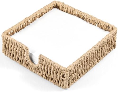 Napkin Holder for Table, Woven Paper Rope Napkin Holders For Paper Napkins, Wicker Napkin Holders for Kitchen Dinner Table Boho Decor and Accessories, Square Napkin Basket and Serving Tray