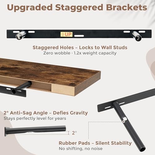 FLYJOE 22.5 Inch Floating Shelves for Wall Set of 2, 6.5" D Wood Grain Bathroom Shelves with Invisible Brackets, Easy Install Engineered Wood Storage Shelves for Kitchen, Living Room, Bedroom