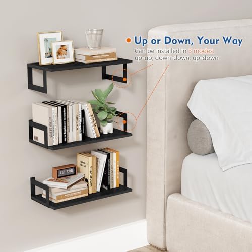Harwaya Wall Mounted Bookshelf, Floating Bookshelves for Bedroom, 17 Inches Long Wall Mount Book Shelves for Living Room Office Books, Black Wall Book Holder Bookcase (Set of 3)