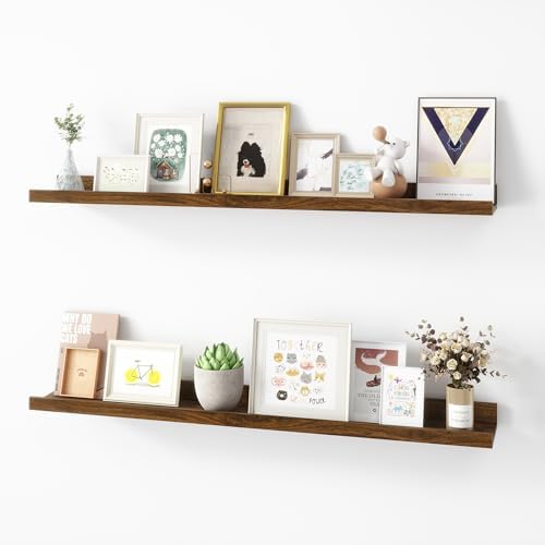 Acovy Picture Ledge Shelf, Wood Floating Shelves, 36 inch, Walnut, Set of 2