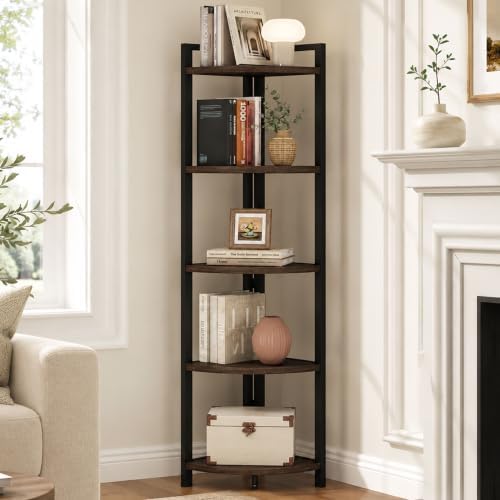 FATORRI Rustic Tall Corner Shelf, 5 Tier Industrial Corner Bookshelf for Living Room, Dark Wood and Metal Corner Plant Stand for Home Office (Walnut Brown)